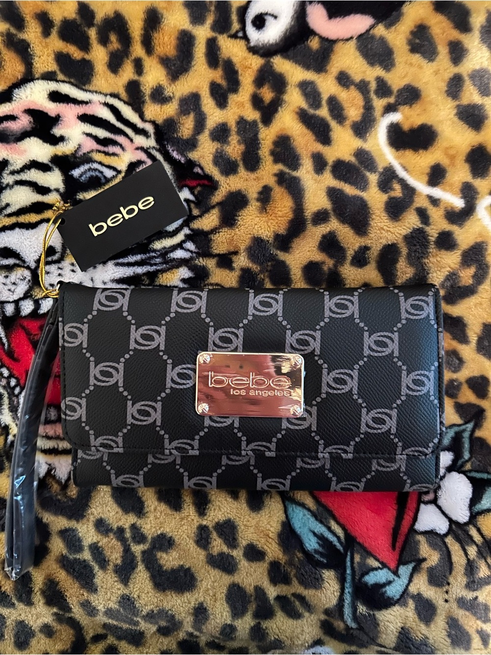 bebe Black Monogram Wristlet Wallet with Gold Plate